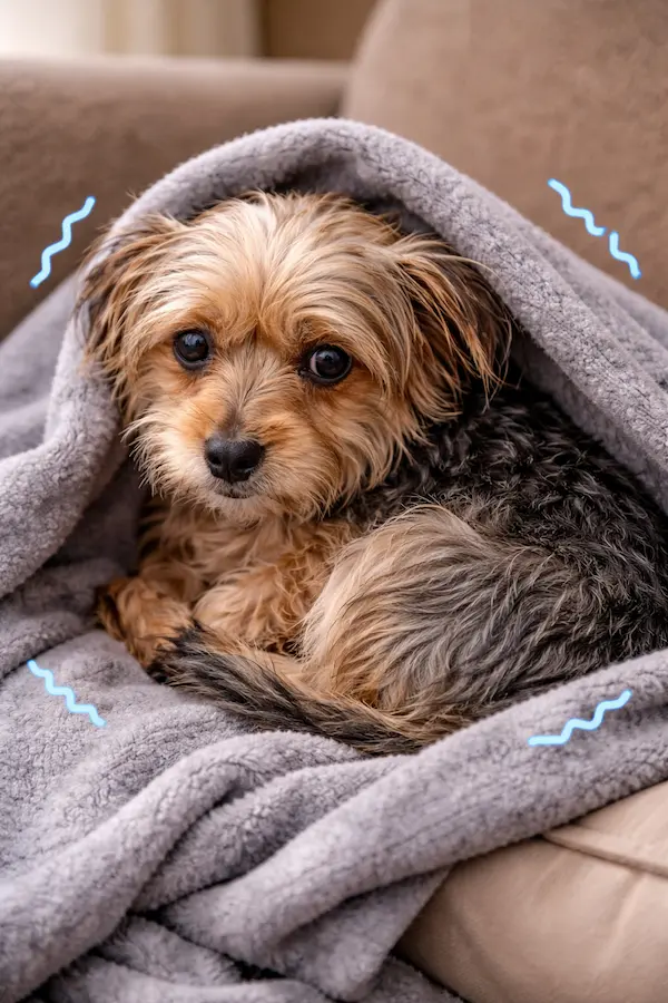 perro temblando y acostado