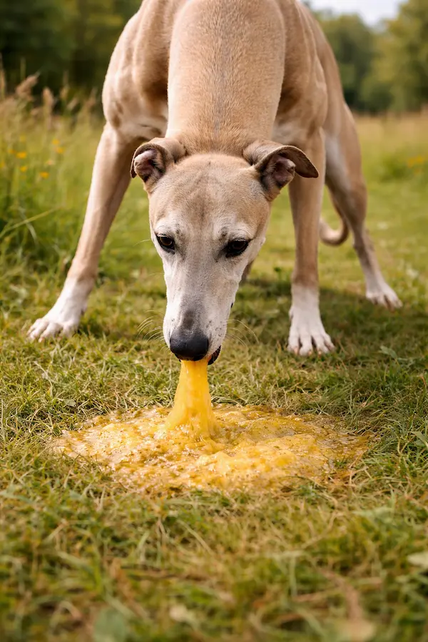 perro vomita amarillo bilis en el suelo