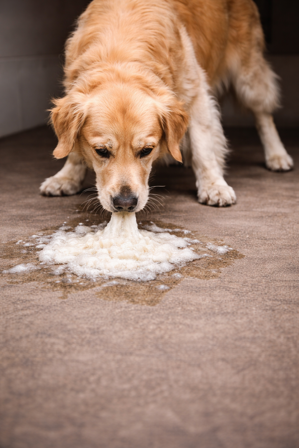 perro vomita espuma blanca en el suelo